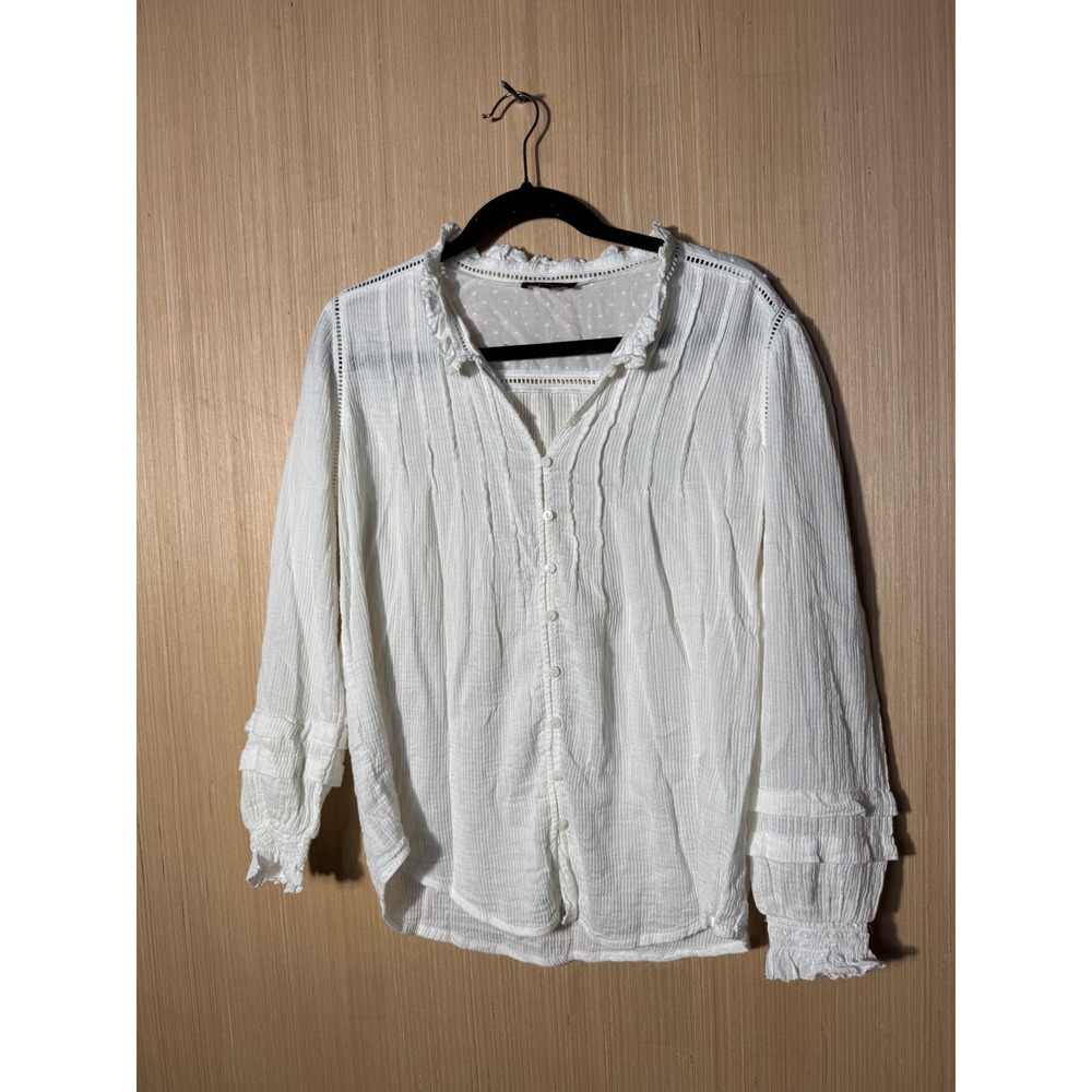 Quince 100% Organic Cotton Gauze Victorian Ruffle Blouse Medium Long Sleeve